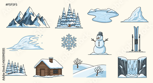 Illustration of winter landscape elements including mountains trees snowman and a cabin with snow on top