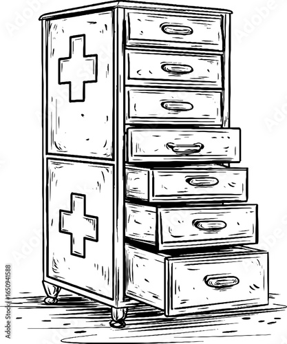 Vintage medicine chest sketch - engraved illustration for retro design