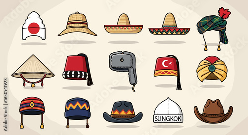Collection of diverse cultural hats and headwear from around the world in a colorful illustration