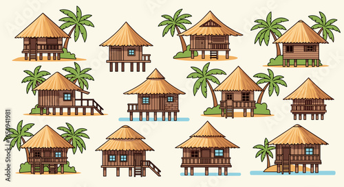 Illustration of a pattern with multiple stilt houses with thatched roofs and palm trees on a light background