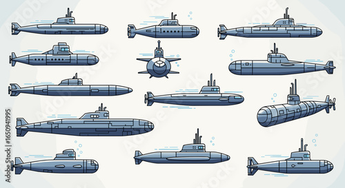 Collection of cartoon submarines in various poses and angles on a light background underwater scene