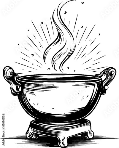 Vintage wok sketch with bold black engraved lines for kitchen art design