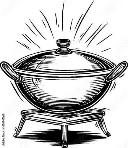 Vintage engraved illustration of wok with black bold lines for retro kitchen design