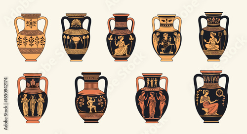 Collection of ten ancient greek amphora vases with decorative patterns and mythological scenes displayed