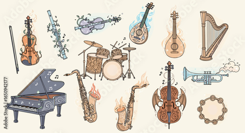 Collection of whimsical musical instruments including stringed instruments and wind instruments displayed
