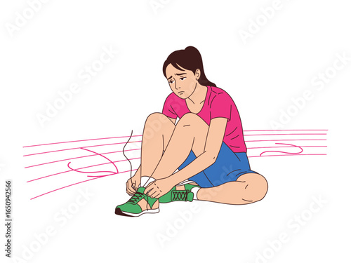 Runner's Dilemma: A dejected runner, defeated, sits dejected on the track, with her shoe laces undone, a symbol of hardship and perseverance.