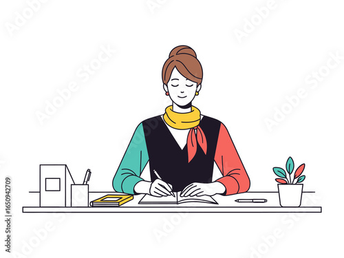 Focused Woman at Desk: A professional woman sits serenely at her desk, absorbed in the act of writing, pencil in hand.