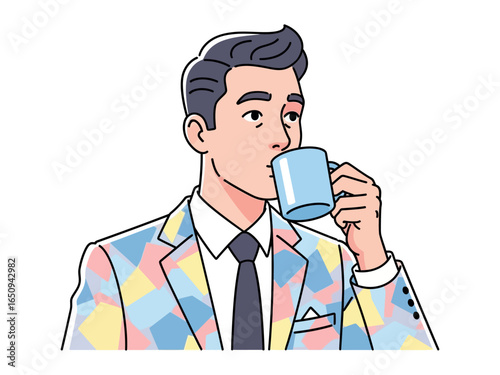 Modern Man Sipping Coffee: A stylish man, clad in a colorful jacket, pauses thoughtfully while taking a moment to sip from a vibrant blue mug, representing a moment of reflection and respite.