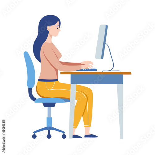 Woman demonstrates correct posture for working with computer, sitting with straight back at table with monitor. Girl follows rules of posture, typing on PC using ergonomic adjustable ... See More
