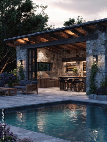 Wallpaper Mural Outdoor kitchen with pool at twilight Torontodigital.ca