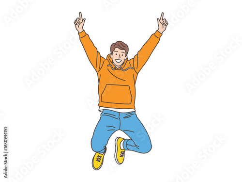 Upbeat leap: A joyful individual, soaring with glee, executes a triumphant jump against a blank backdrop, personifying boundless enthusiasm and positivity.