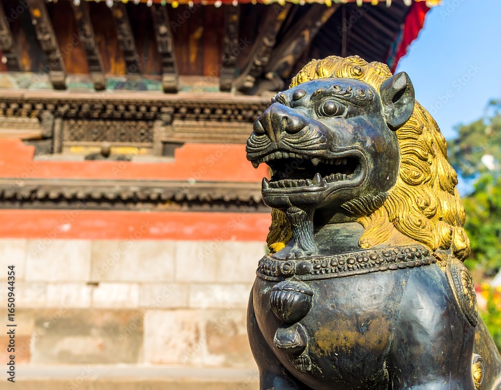 Fototapeta premium Bronze lion statue at temple