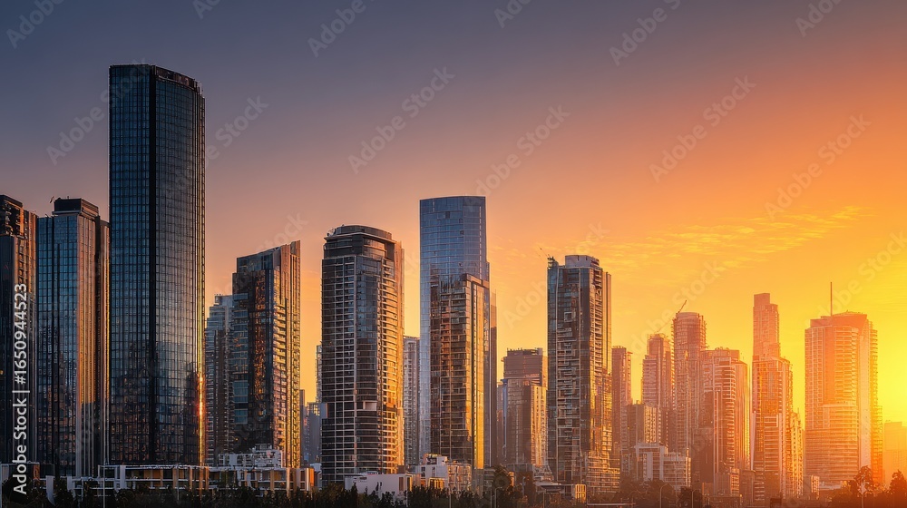 Obraz premium City skyline sunset, urban landscape, golden hour, cityscape, background buildings, real estate