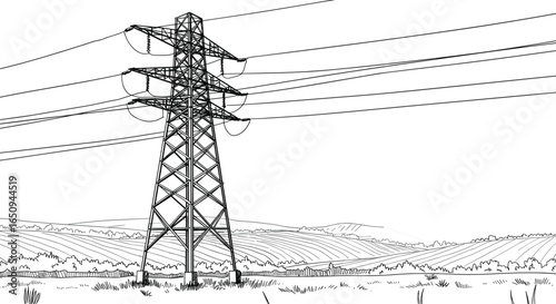 High voltage electricity transmission tower with power lines in countryside landscape, energy infrastructure, rural farmland background, industrial electric pylon