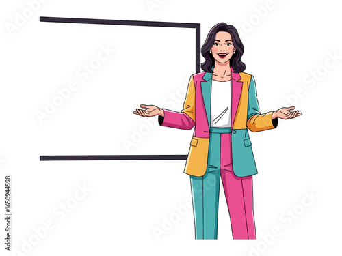 Confident Presentation: An elegant woman stands beside a minimalist whiteboard, her posture exuding confidence and charisma. A perfect visual for conveying ideas and vision in a modern style.
