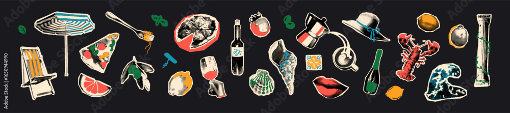 Fototapeta premium Italian halftone art collage cut outs set. Mediterranean paper clipping shapes, La Dolce vita stickers with vintage dotted texture and doodles. Modern retro grunge mixed media vector illustration
