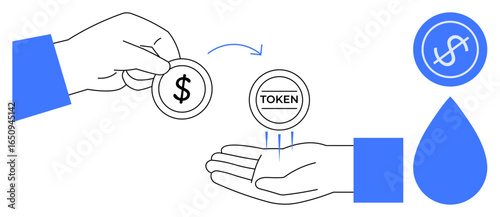 Hand giving coin with dollar sign, receiving token in return. Drop and currency icons emphasize trade, finance, cryptocurrency, utility, digital assets, transactions and modern simplicity. Ideal