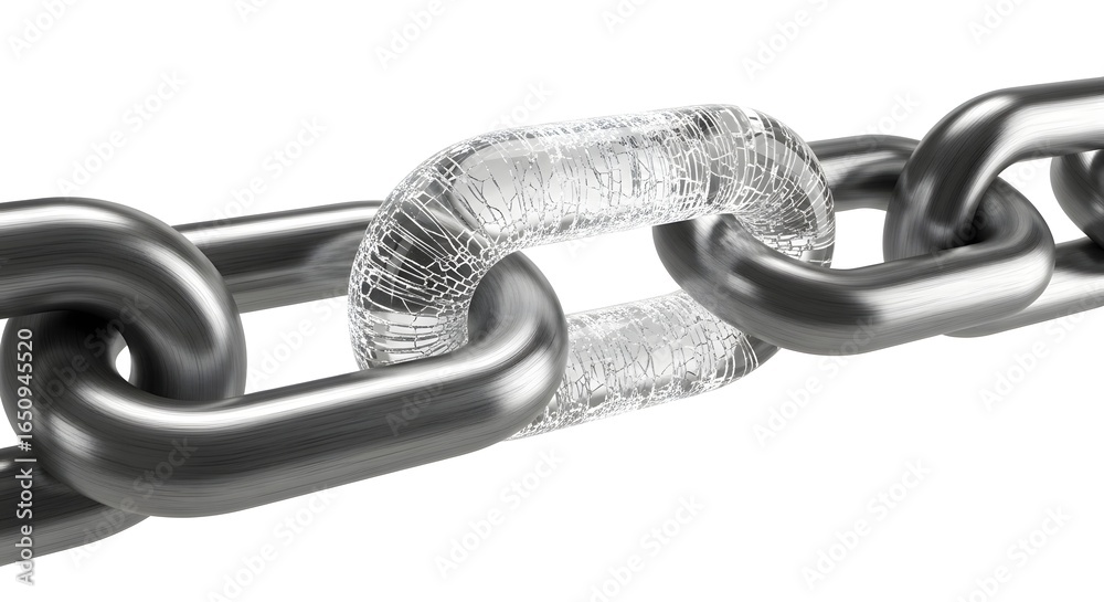 Obraz premium Broken Silver Chain with Cracked Link on White Background