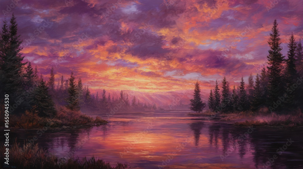 Obraz premium Colorful sunset reflected on calm lake amidst dark pine trees, painted scenery