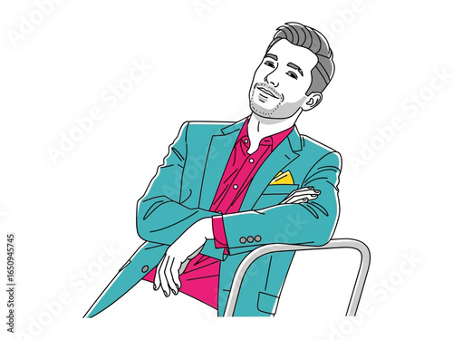 Sophisticated Gentleman's Pose: A casually elegant man with a confident demeanor leans back. Dressed in a tailored teal blazer, combined with a vibrant pink shirt.
