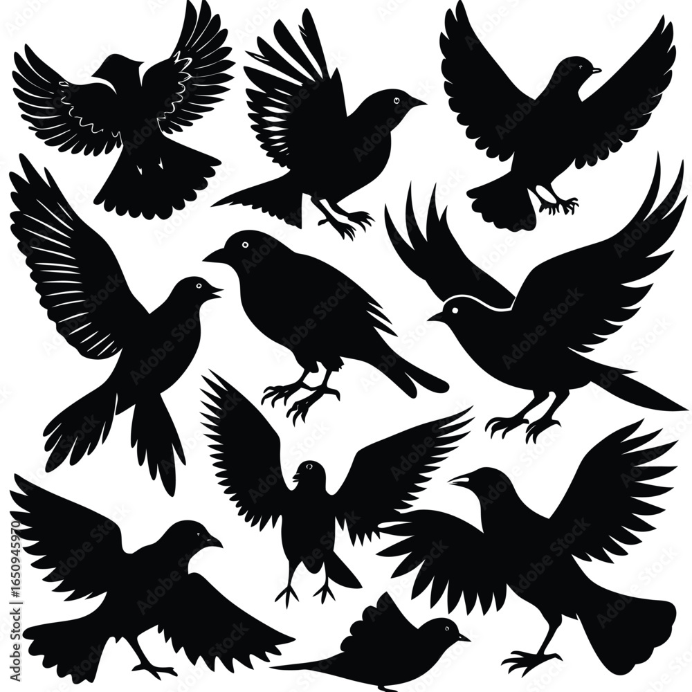 Obraz premium Silhouette Bird Collection: 12 Blackbird Poses for Design Projects