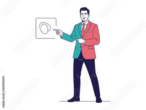 Confident Presentation: A stylishly dressed business professional, his attire bisected by contrasting colors, delivers a compelling presentation, gesturing toward an illustrative concept.