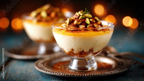 An indulgent dessert features creamy layers topped with crunchy pistachios, served elegantly in glass, perfect for gourmet food enthusiasts and dessert lovers alike.