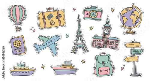 Cute Travel Vector Icons with Big Ben, Passport, and Camera
