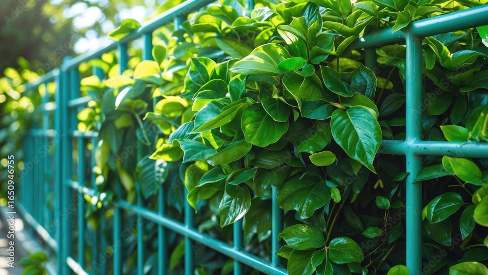 Obraz premium Green leaves growing through a metal fence. Nature, gardening, and outdoor environment. The image of plants and fencing.