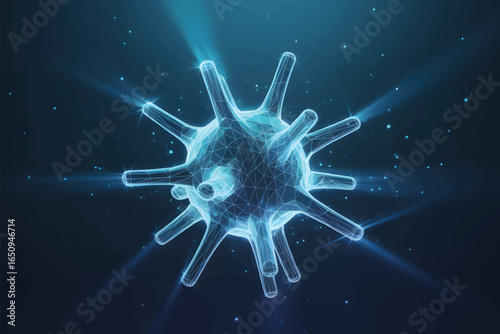A digital artistic rendering of a virus cell in a low-poly wireframe style on a deep blue background