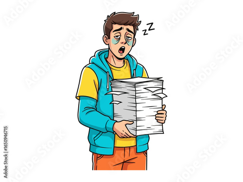 Overwhelmed: A weary figure stands with a huge stack of paperwork, with expressions of sleepiness on his face indicating exhaustion and the burden of excessive workload.