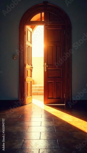 A slightly open door reveals a sunlit church interior, suggesting a welcoming entry into faith The threshold symbolizes a transition and new beginnings , spiritual, mystery, peace