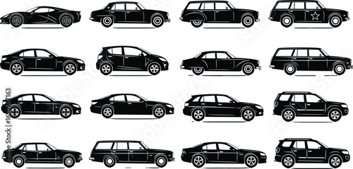Car silhouette set, 16 models, sports car, sedan, hatchback, SUV, side profile, vehicle design, auto shapes, black white