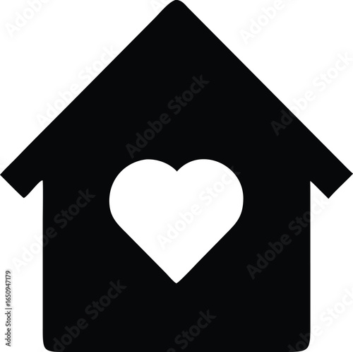 Black Silhouette Icon of House with Heart Minimal Vector for Home, Family, and Love Concepts