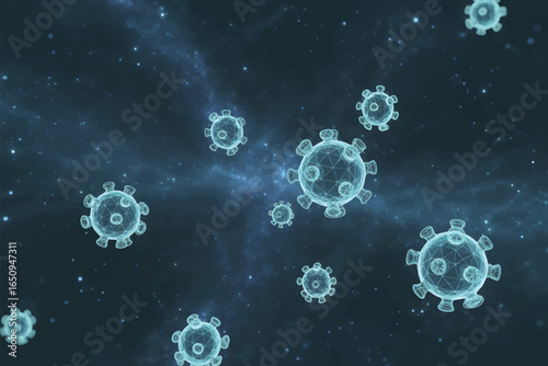 A digital artistic rendering of floating virus particles in a deep blue starry space background