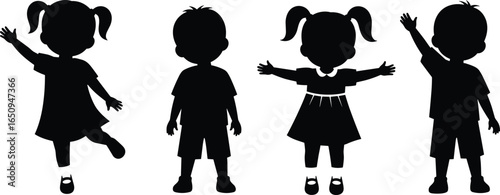 Child silhouettes set, boys and girls, playful poses, pigtails, dresses, shorts, black white graphic, kid illustration, educational design