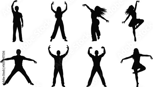 Dance pose silhouettes, expressive movement, black white graphic, fluid motion, choreography illustration, dancer figure set, artistic gesture