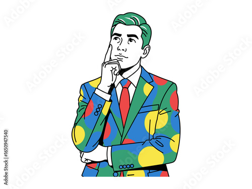 The Pensive Decision Maker: A brightly colored illustration of a thoughtful individual, hand on chin, contemplating an important decision, embodying the art of introspection and critical thinking.