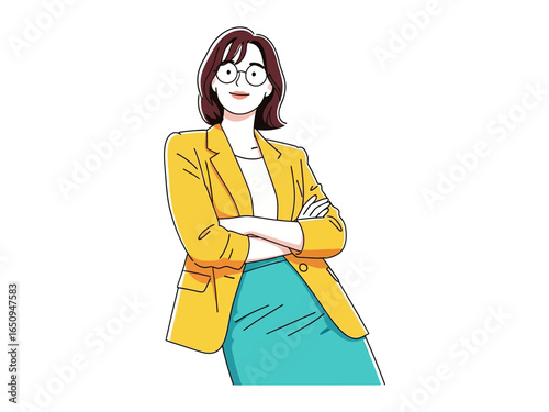 Smart And Stylish Professional: A confident woman with glasses and a yellow blazer poses with a dynamic and modern illustration style, radiating self-assurance and expertise.