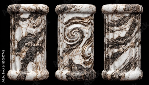 Three antique-style marble columns,  detailed veining and  carved spirals, isolated on black