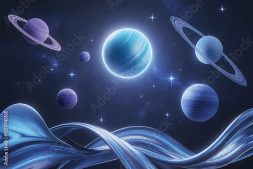 A digital artwork of a cosmic scene with multiple planets and celestial bodies