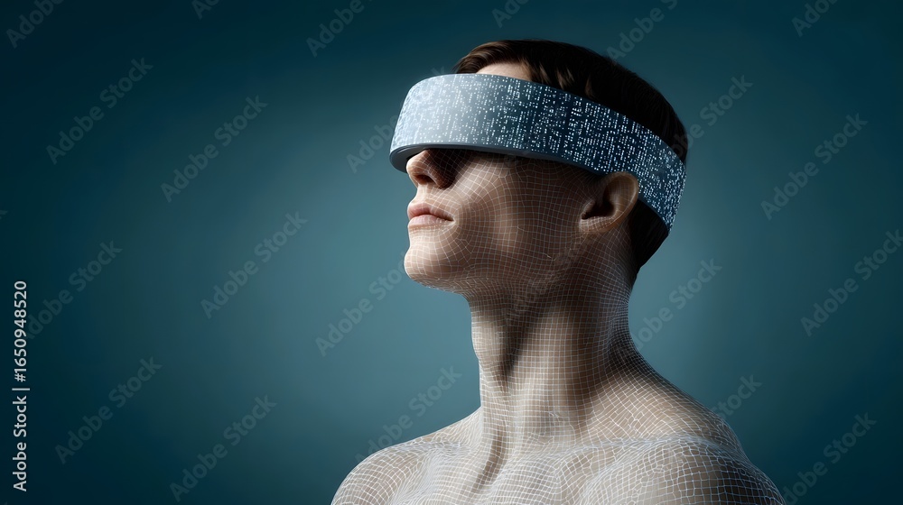 Futuristic humanoid head wearing digital data mesh VR headset Futuristic humanoid head wearing digital data mesh VR headset