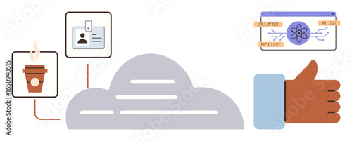 Cloud connected to steaming coffee, ID card, coding screen, and thumbs-up hand icon. Ideal for technology, cloud computing, work culture, innovation, user experience feedback simple flat metaphor