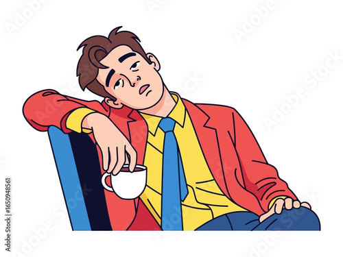 Exhausted Reflection: An illustration depicting a weary individual slumped in a chair, clutching a cup of coffee, embodies fatigue and contemplation.