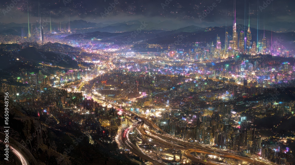 Fototapeta premium A vibrant night cityscape nestled among rolling hills with tall, illuminated towers piercing the sky