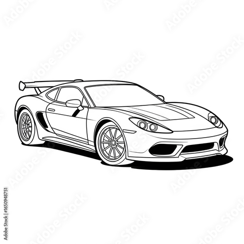 A black and white sports car illustration line art of a coloring page