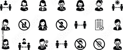 Health safety icons, COVID-19 protocol symbols, black white graphic, social distancing, mask wearing, checklist, gears, prohibition signs, people