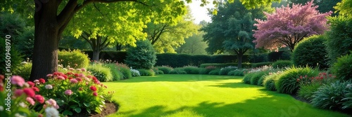 Serene backyard landscape featuring lush green grass, blooming flowers, and mature trees providing ample shade Perfect for relaxation and outdoor activities , green, serene