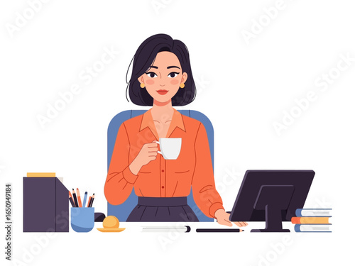 Smiling Professional Woman: A professional woman sits at her desk, holding a cup while working, in a comfortable office setting. The scene is full of life and vitality.