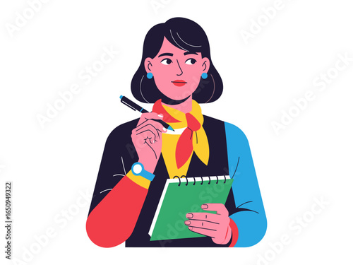 Thoughtful Professional Woman with a Notepad: A composed professional woman holds a pen and notepad, lost in contemplation, her expression reflecting the focus and determination crucial for success. 